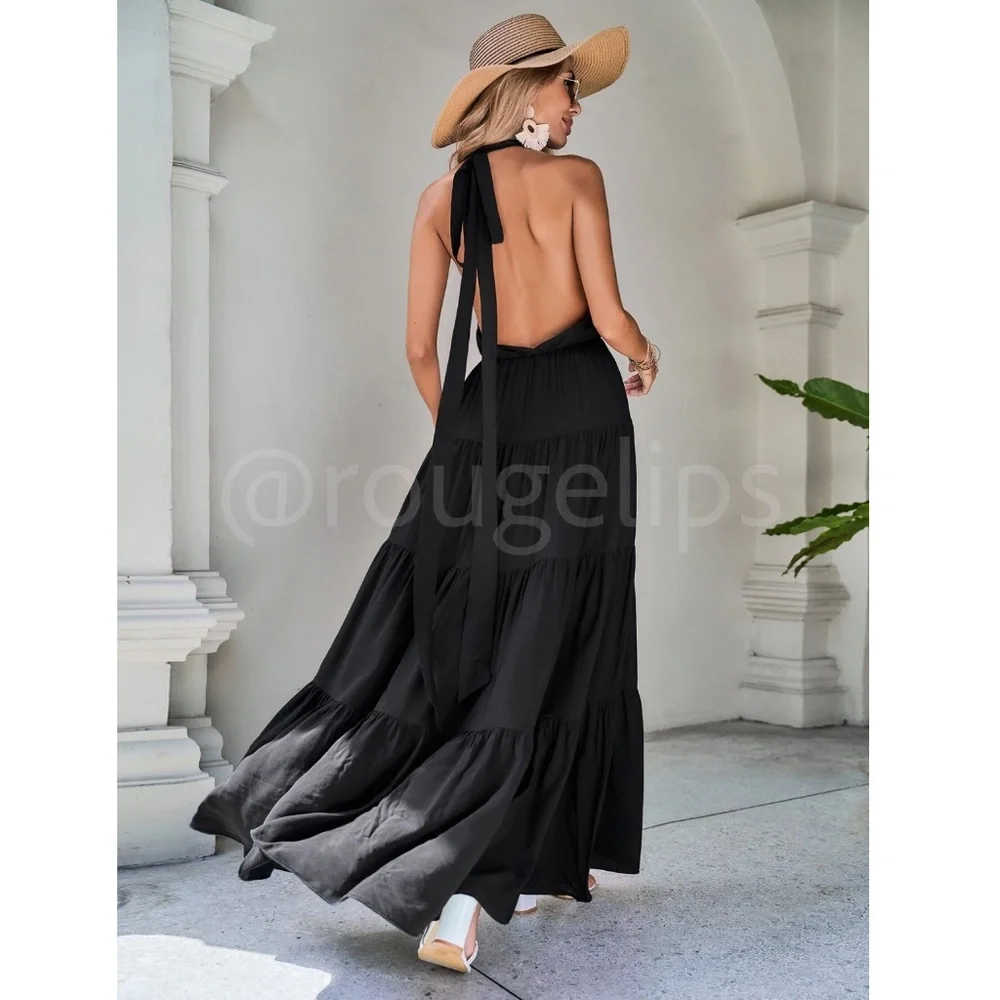 Black Maxi Dress Halter Neck Ties Backless Open Back Flared Long Ruffle Hem - Picture 3 of 8